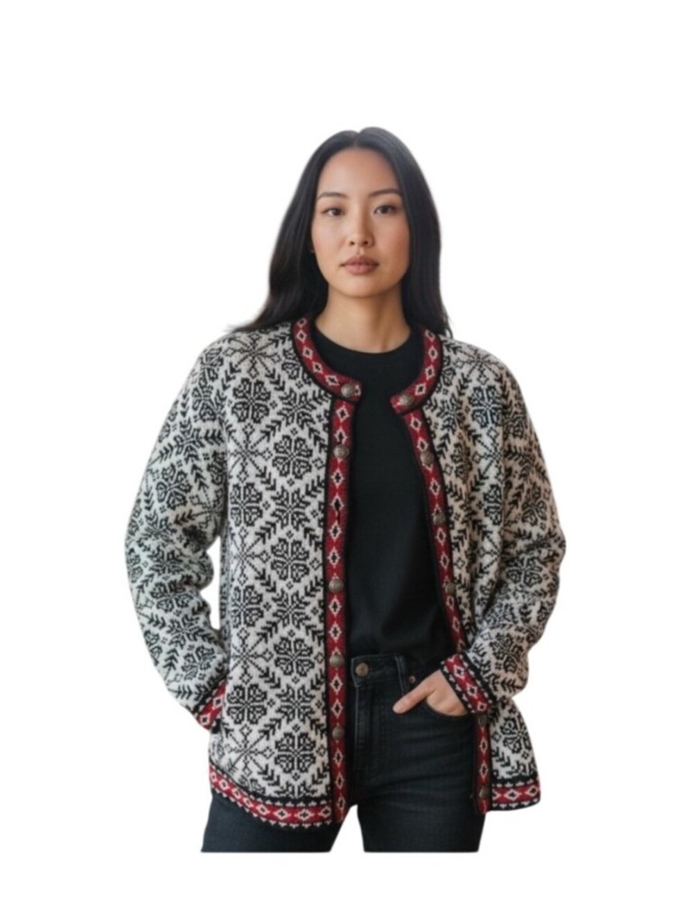 L.L. Bean Womens Nordic Fair Isle Snowflake Cardigan Pewter Button 100% Cotton S